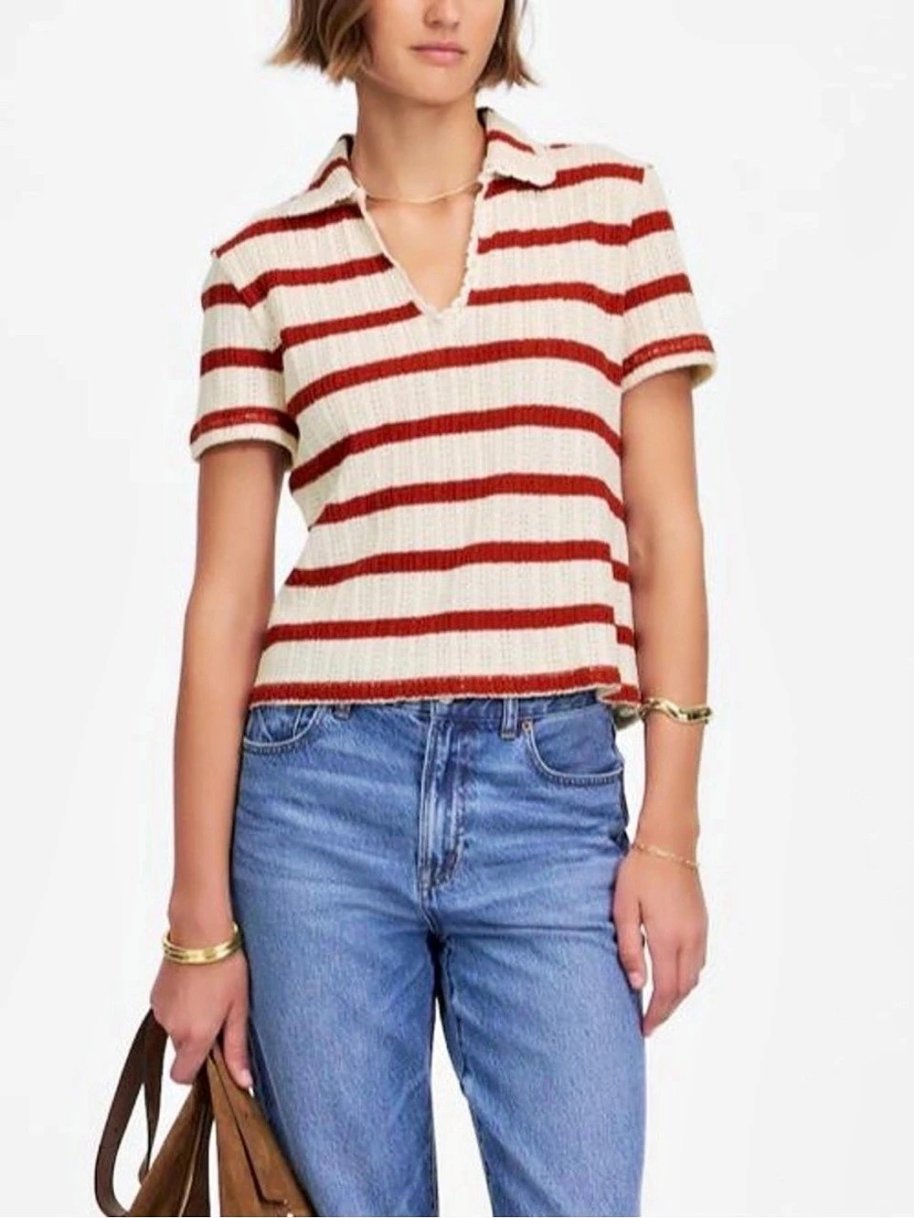 Madewell Crochet-Knit V-Neck Sweater Tee Striped Polo Top in White & Burgandy